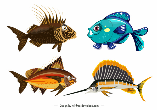 iconos de peces coloridos formas modernas bosquejo