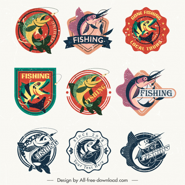 etiquetas de pescado plantillas de diseño retro esbozo de movimiento