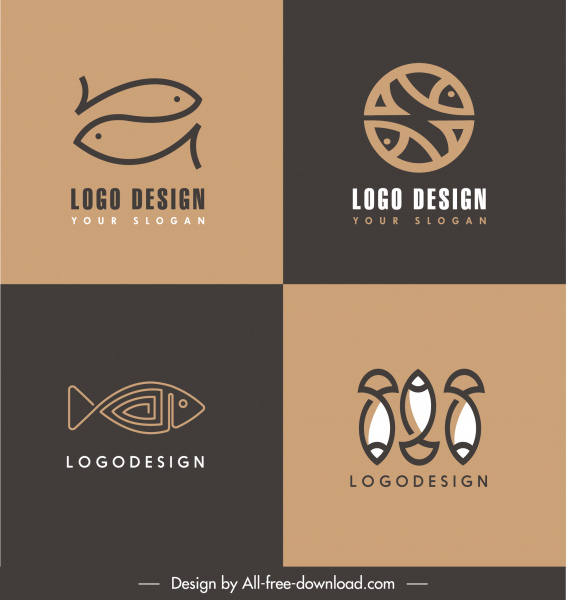logotipos de peixe modelos escuro plano retro desenhado esboço