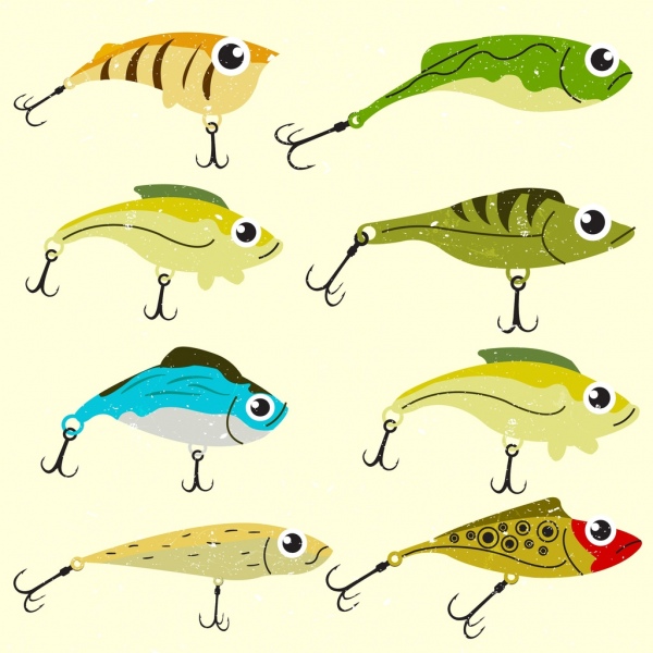 ícones de presas de peixes multicoloridos ganchos afiados decoração de design