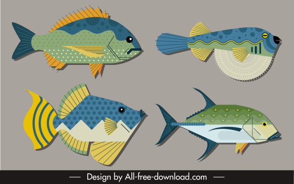 Fischarten Symbole bunte flache Skizze