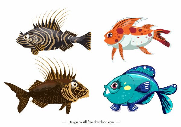 رموز أنواع الأسماك لامعة التصميم الملونة الحديثة