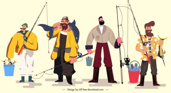 pescatori icone colorate personaggi dei cartoni animati schizzo