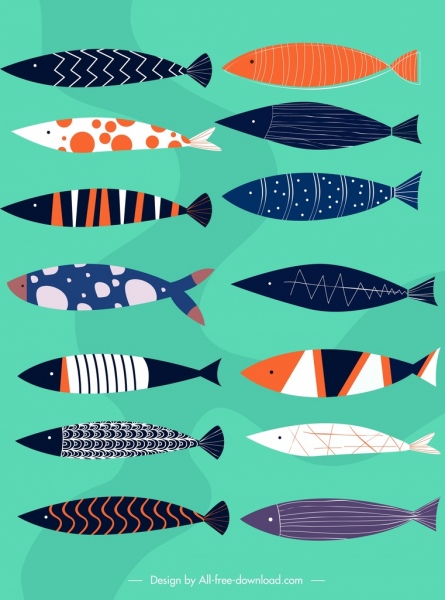 魚の背景カラフルな古典的な装飾水平フラット デザイン