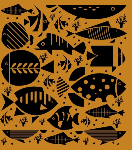 鱼背景黑色扁平图标素描