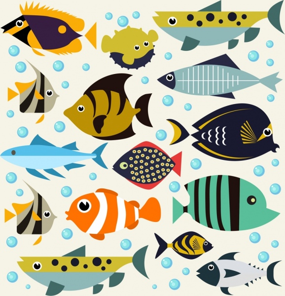 ryby w tle kolorowym kreskówka ikony