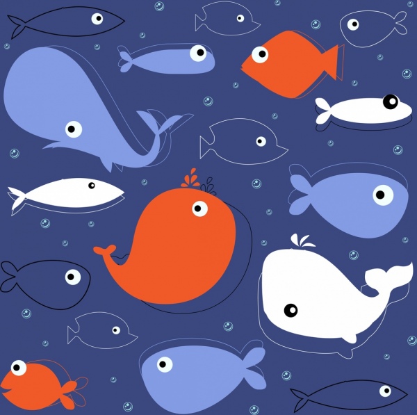 鱼背景五彩的扁平化图标素描