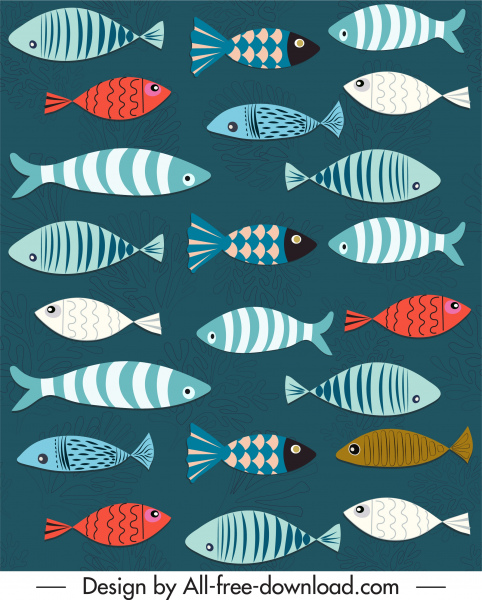 鱼模式古典彩色平面素描