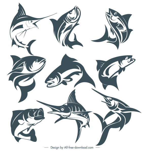 peces especies iconos gestos dinámicos dibujados a mano bosquejo