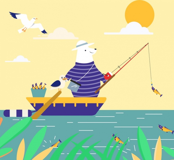 urso estilizado de pesca fundo navio projeto de ícones dos desenhos animados