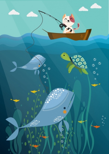 pesca disegno gatto balena tartaruga stilizzata del cartone animato le icone