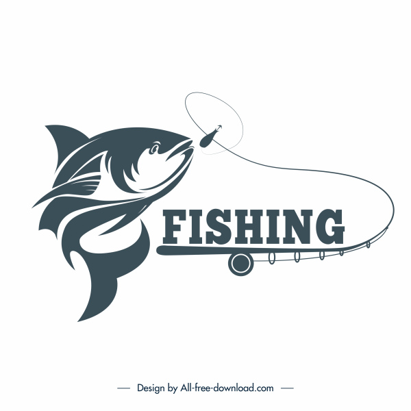 釣りロゴテンプレートダイナミック手描きの魚のロッドスケッチ