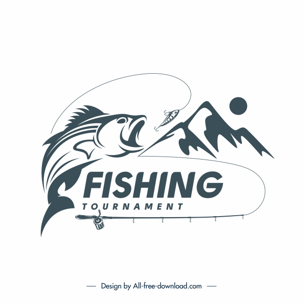 template logo memancing sketsa gunung ikan klasik dinamis
