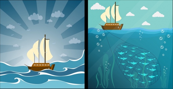 捕魚帆船圖紙五彩卡通設計