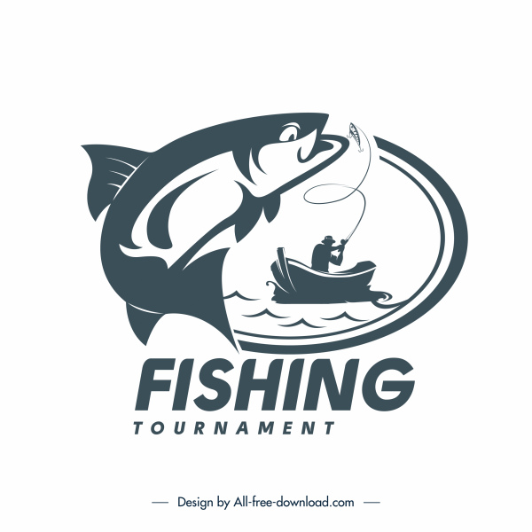 torneo de pesca logotipo pez barco boceto diseño de silueta