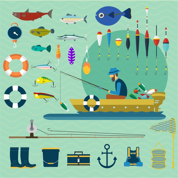 ilustrasi vektor penangkapan ikan dengan berbagai alat dan nelayan