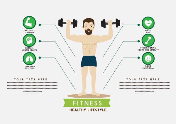 Fitness Infografik männlichen Fitness-Studio und Symbole Design spielen