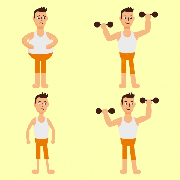 Fitness Mann Symbole Fett dünne Hantel Cartoon-design