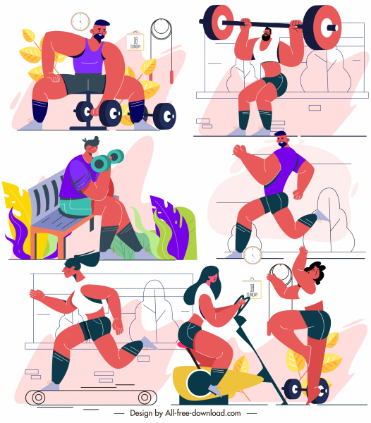 Fitness-Sport-Ikonen farbige Zeichentrickfiguren Skizze