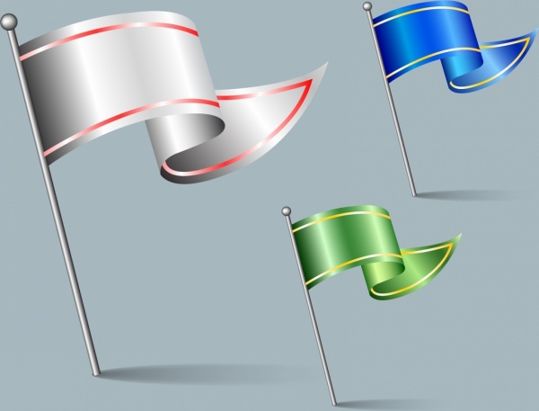 Conjuntos de objetos 3D brillante ondeando bandera iconos