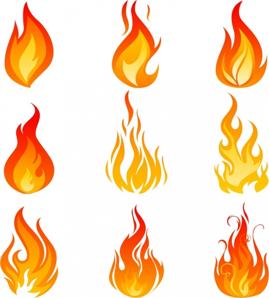 Flamme Symbolsammlung verschiedene orange Embleme Isolierung
