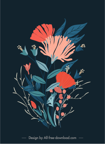 flora latar belakang template desain gelap warna-warni retro