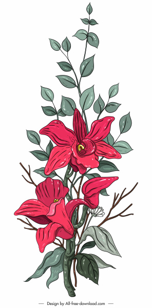 植物畫色彩繽紛的裝飾古典設計綻放素描
