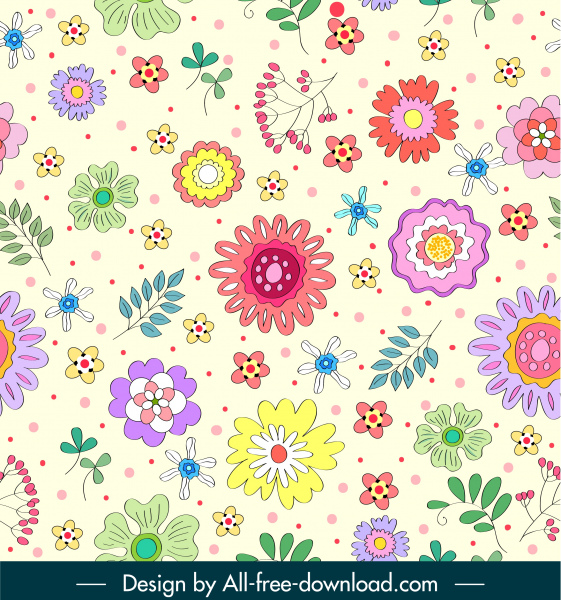 template pola flora desain handdrawn datar berwarna-warni cerah