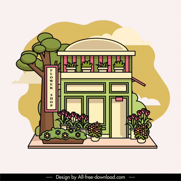 flora loja modelo exterior clássico esboço plano colorido