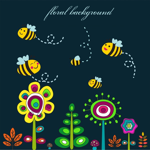цветочный фон с милый мультфильм медоносных пчел