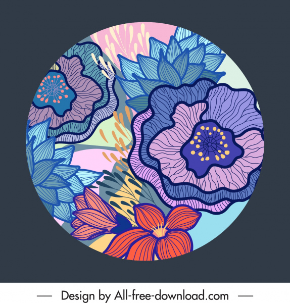 template latar belakang bunga warna-warni vintage handdrawn lingkaran isolasi
