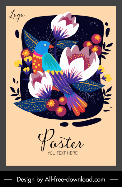 قالب ملصق الطيور الازهار الملونة التصميم الكلاسيكي