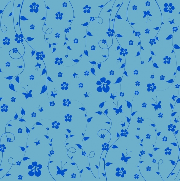 الفراشات الأزهار نمط خلفية زرقاء المنحنيات ستايل