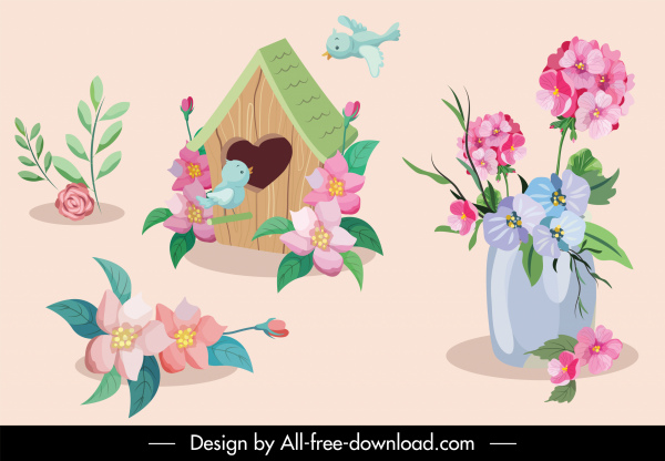 elementos decorativos florais ninho pássaro esboço design clássico