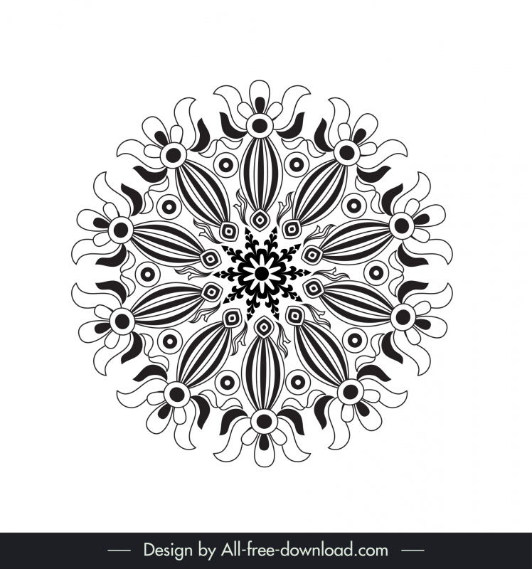 花柄の曼荼羅記号アイコン黒白フラット対称錯視スケッチ