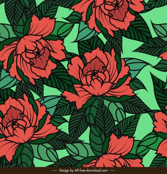 花卉圖案綠色紅色古典手繪素描