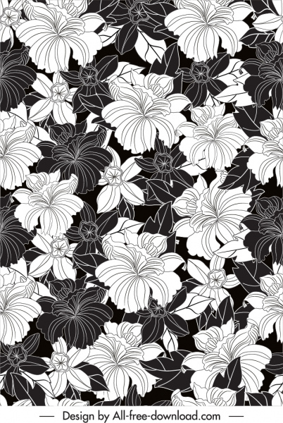 çiçek desen şablonu siyah beyaz retro handdrawn kroki