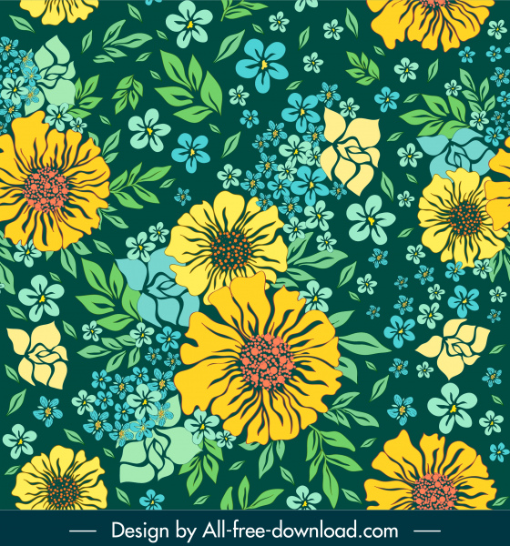 template pola bunga mewah warna-warni desain handdrawn klasik