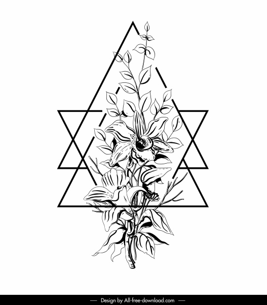 plantilla de tatuaje floral blanco negro dibujado a mano bosquejo