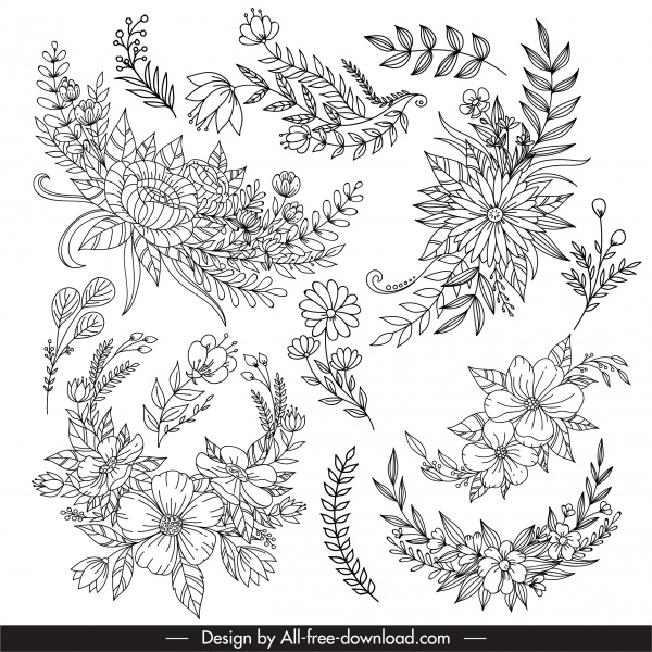 植物叶图标黑色白色线条艺术设计