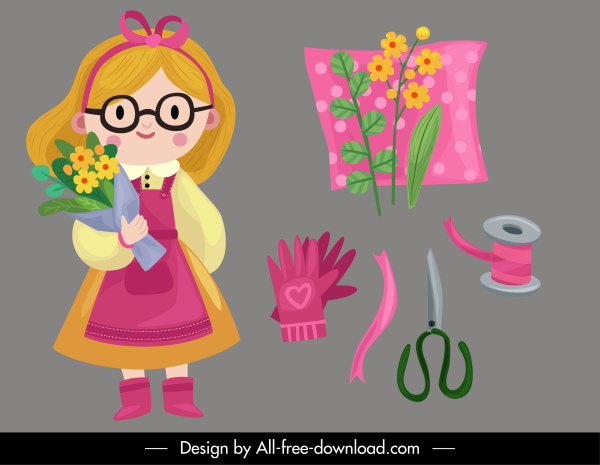 elemen desain penjual bunga sketsa alat gadis lucu