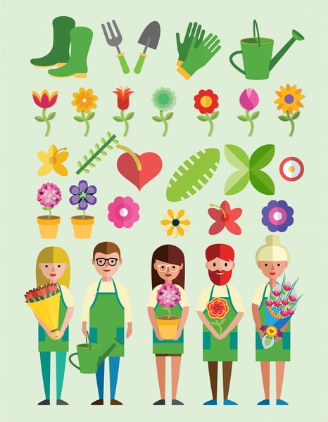 floristas vector ilustración con herramientas y flores