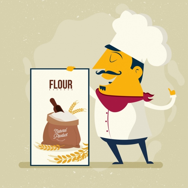 farinha publicidade cozinheiro masculino ícone colorido dos desenhos animados