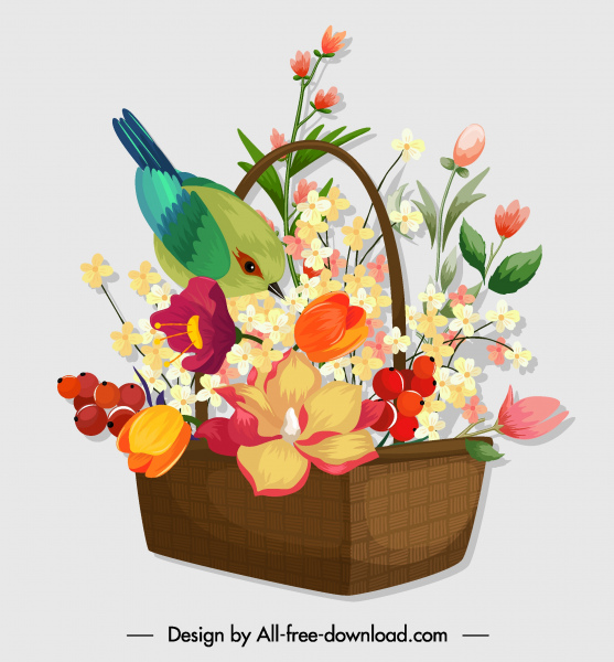 icono de cesta de flores colorida decoración de pájaro de diseño clásico