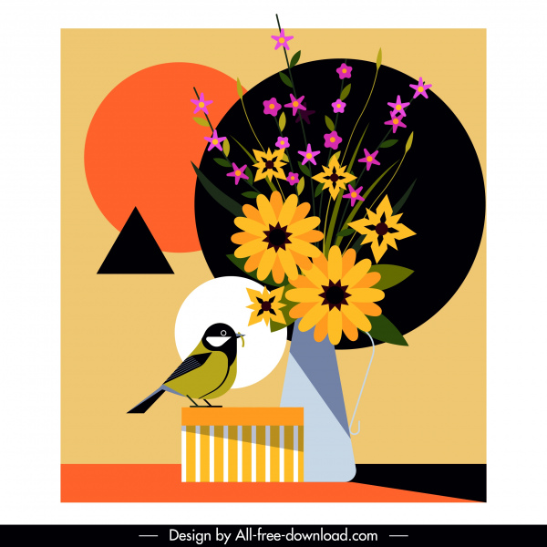 latar belakang bunga burung warna-warni desain datar klasik