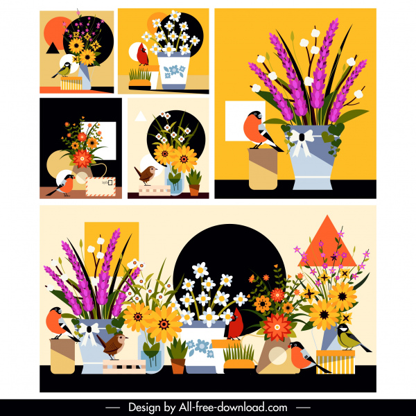 꽃 새 배경 템플릿 다채로운 고전적인 디자인