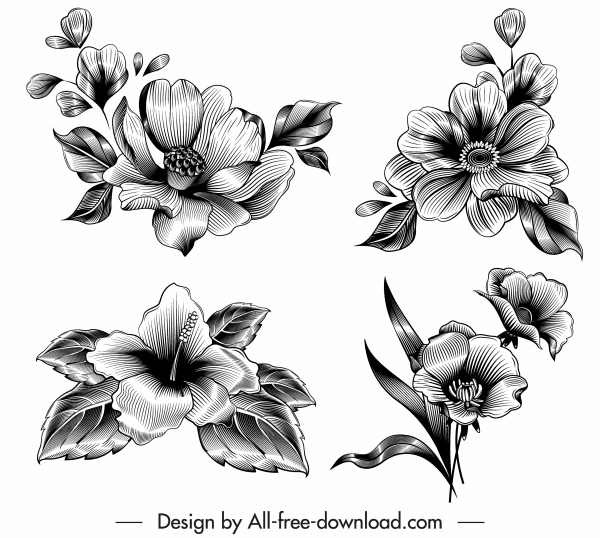 icônes de fleur noir blanc croquis rétro 3d