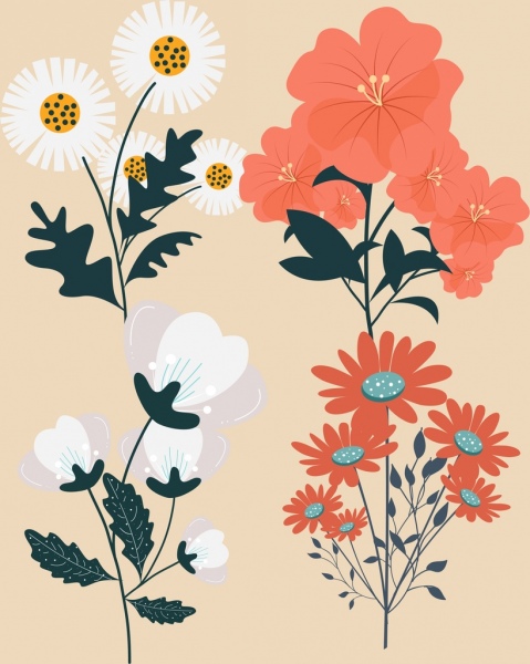 ícones de flores coloridos design clássico