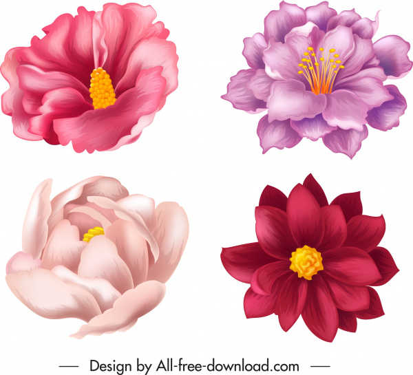 ไอคอนดอกไม้กลีบดอกไม้สีคลาสสิกวาดด้วยมือ 3D ร่าง