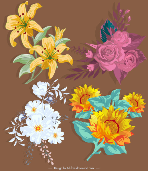 ícones de flor coloridos design retro